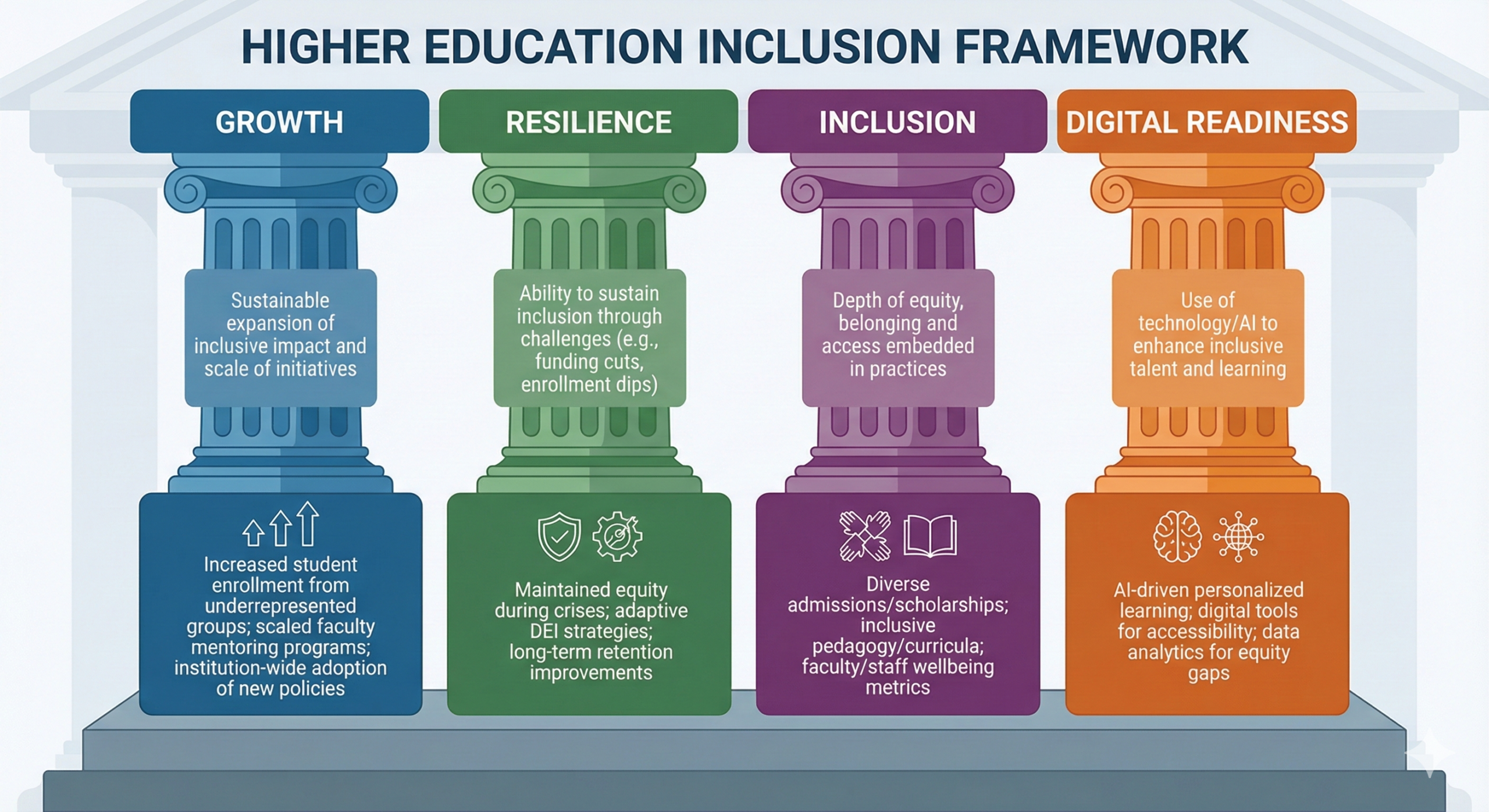 Alt text: "Higher Education Inclusion Framework infographic with four columns labeled Growth, Resilience, Inclusion, and Digital Readiness. Each pillar has key focus areas: Growth highlights sustainable expansion and increased enrollment from underrepresented groups; Resilience emphasizes sustaining inclusion through challenges; Inclusion focuses on diversity in practices; Digital Readiness centers on using technology and AI for accessibility. Each column includes corresponding icons and initiatives."